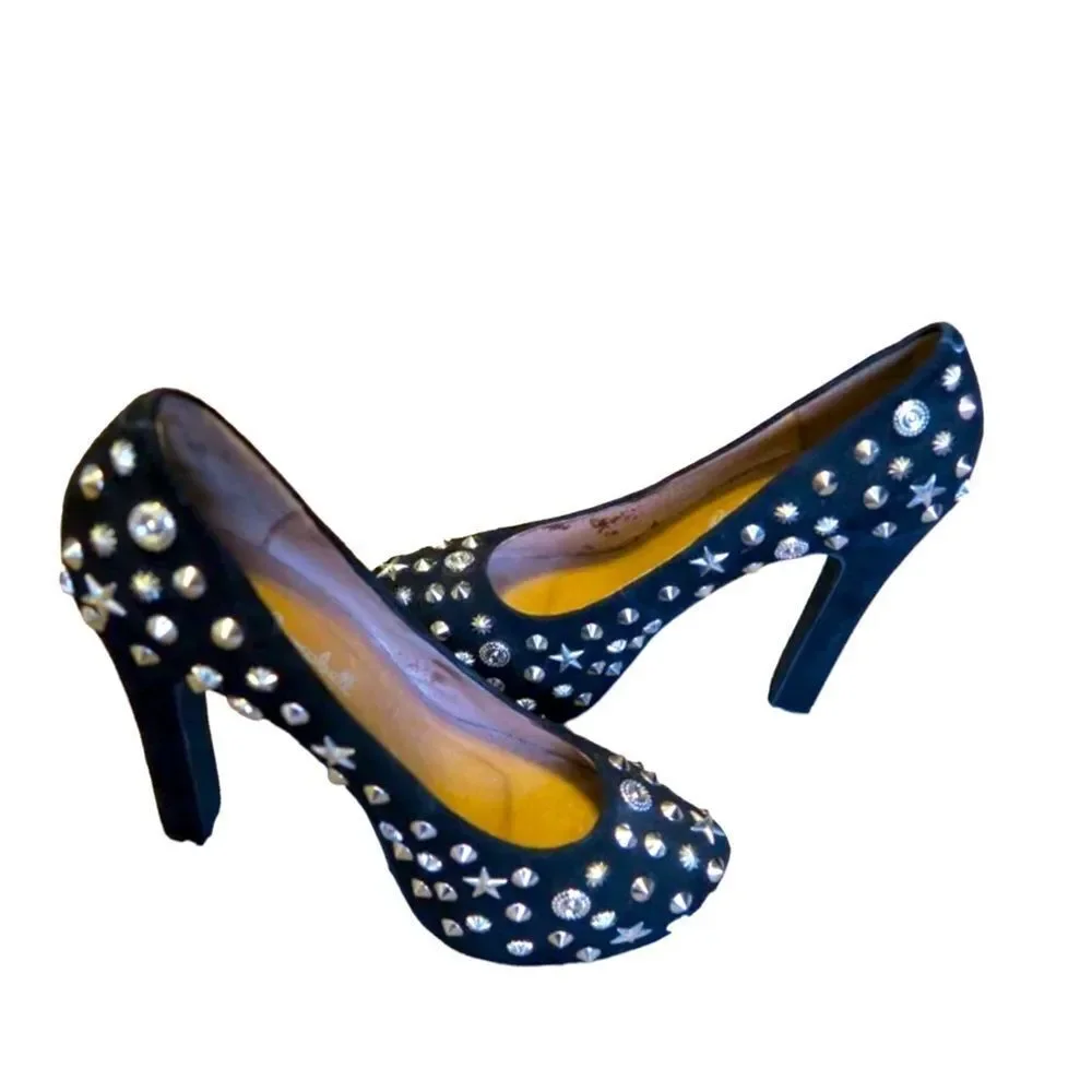 Jeffrey Campbell Black Suede Silver Studded Celestial Platform High Heels NEW
